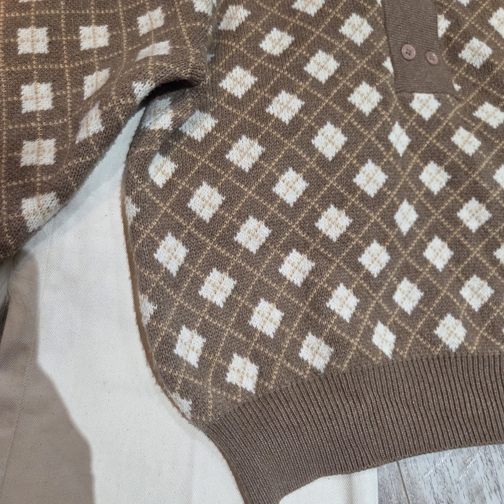 Oak & Fort Button Up Collar Knit Sweater In Brown/White SZ S - Picture 8 of 16
